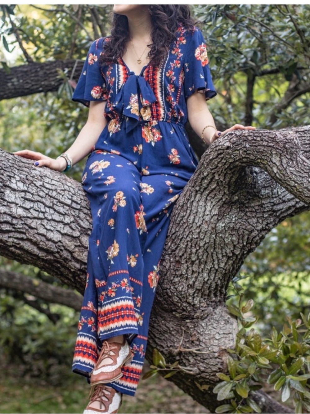 Band of Gypsies Navy Floral Tie-Front Jumpsuit